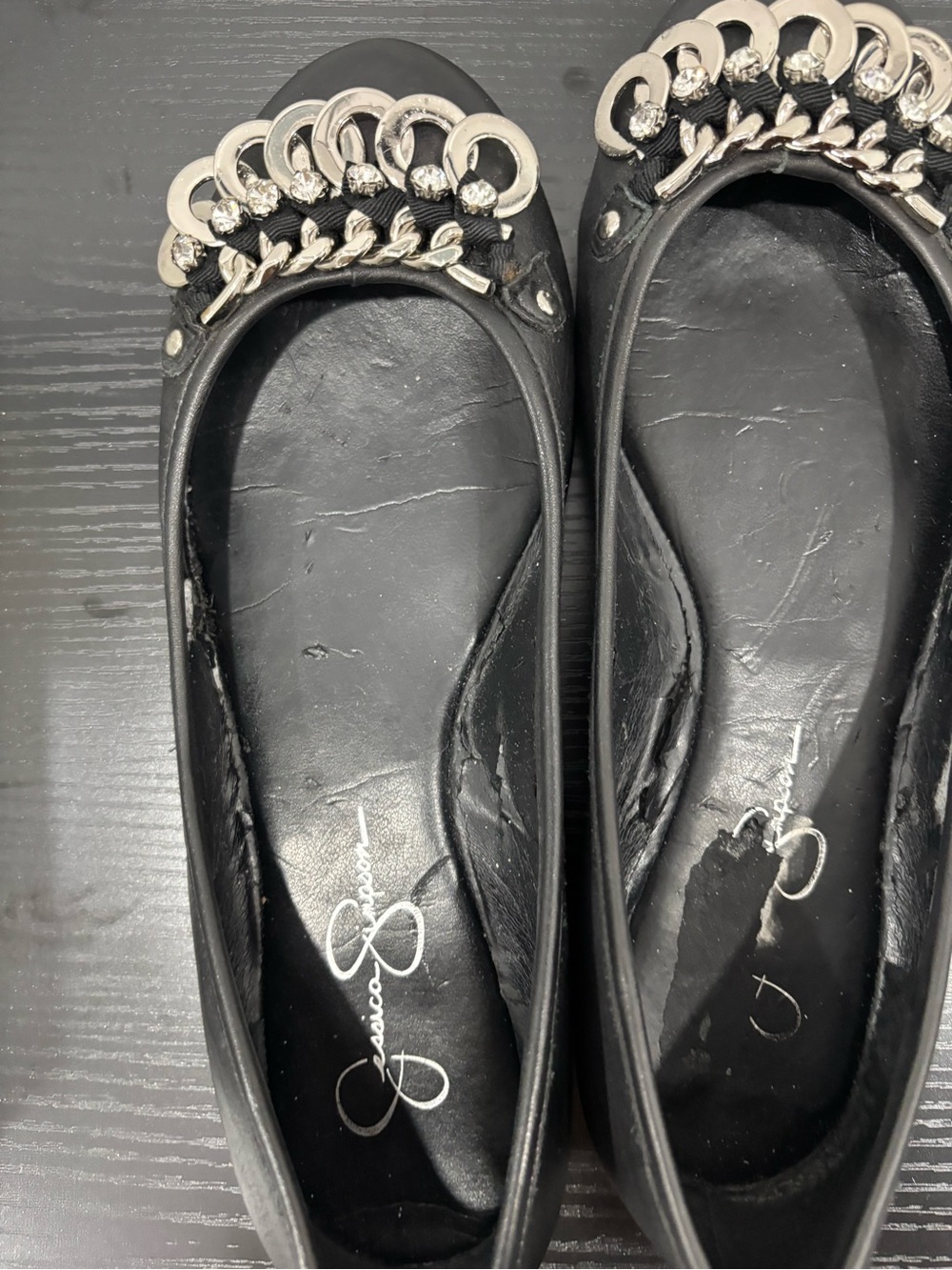 Jessica Simpson Black Ballet Flats with Silver Chain Embellishment